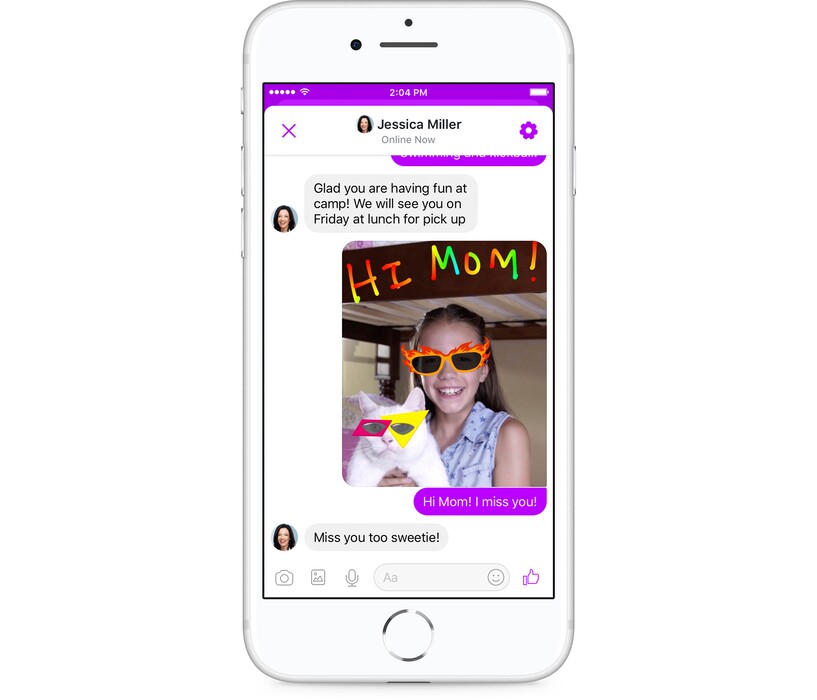 This photo provided by Facebook demonstrates Facebook's new Messenger app for kids on an iPhone. Facebook is launching the messaging app for children to chat with their parents and with friends approved by their parents. The free app is aimed at kids under 13, who can't yet have their own accounts under Facebook's rules, though they often do. (Courtesy of Facebook via AP)