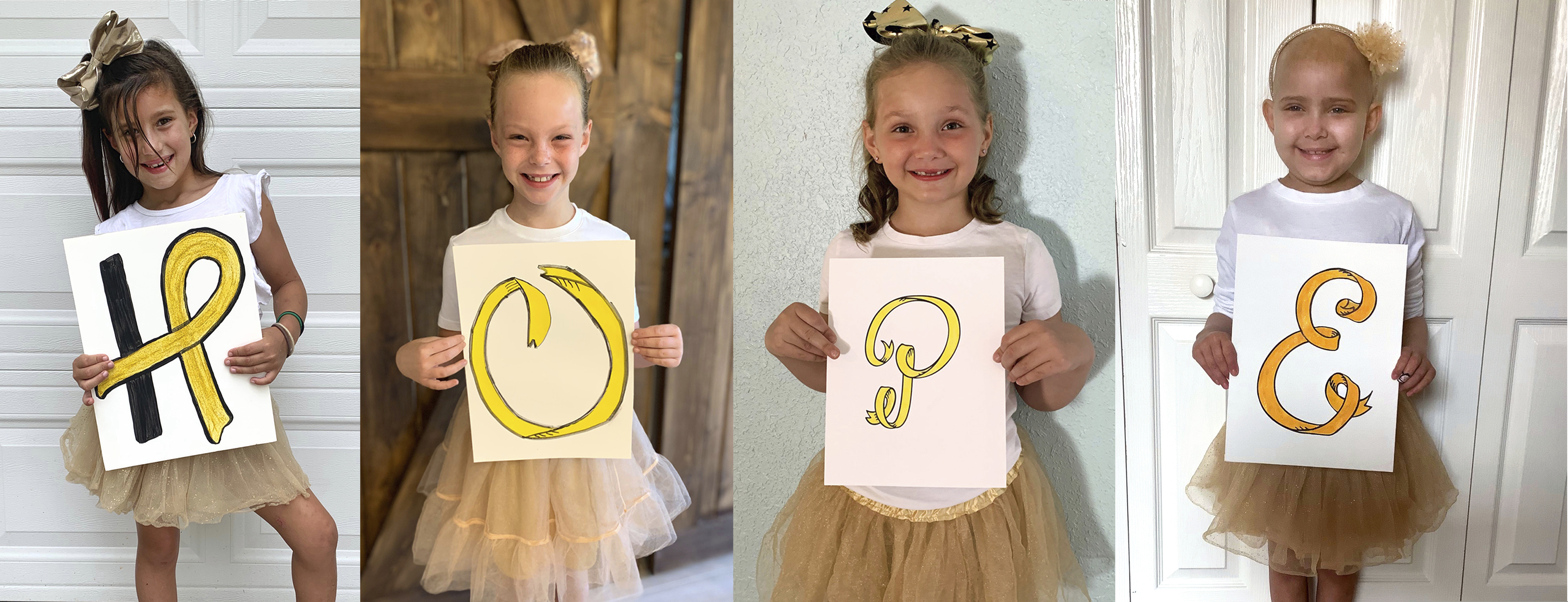 This photo combo provided by the Johns Hopkins All Children’s Hospital shows Chloe Grimes, McKinley Moore, Avalynn Luciano and Lauren Glynn spelling the word "Hope" with drawings of ribbon in gold, the color that symbolizes the fight against cancer in the young, in their respective homes in Florida, Sept. 19, 2020. (Courtesy of John Hopkins All Children's Hospital via AP)