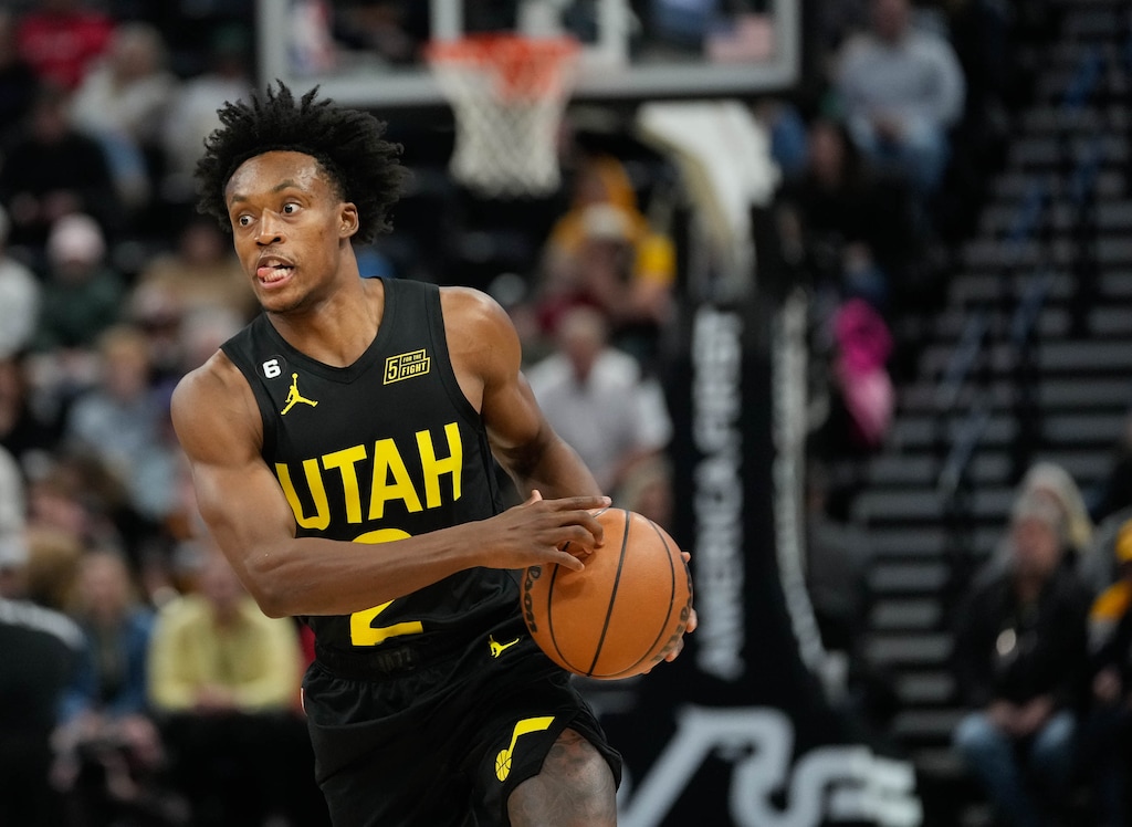 (Francisco Kjolseth | The Salt Lake Tribune) Utah Jazz guard Collin Sexton (2) drives the ball as the Utah Jazz take on the Portland Trail Blazers in NBA basketball at Vivint Arena in Salt Lake City on Saturday, Dec. 3, 2022.
