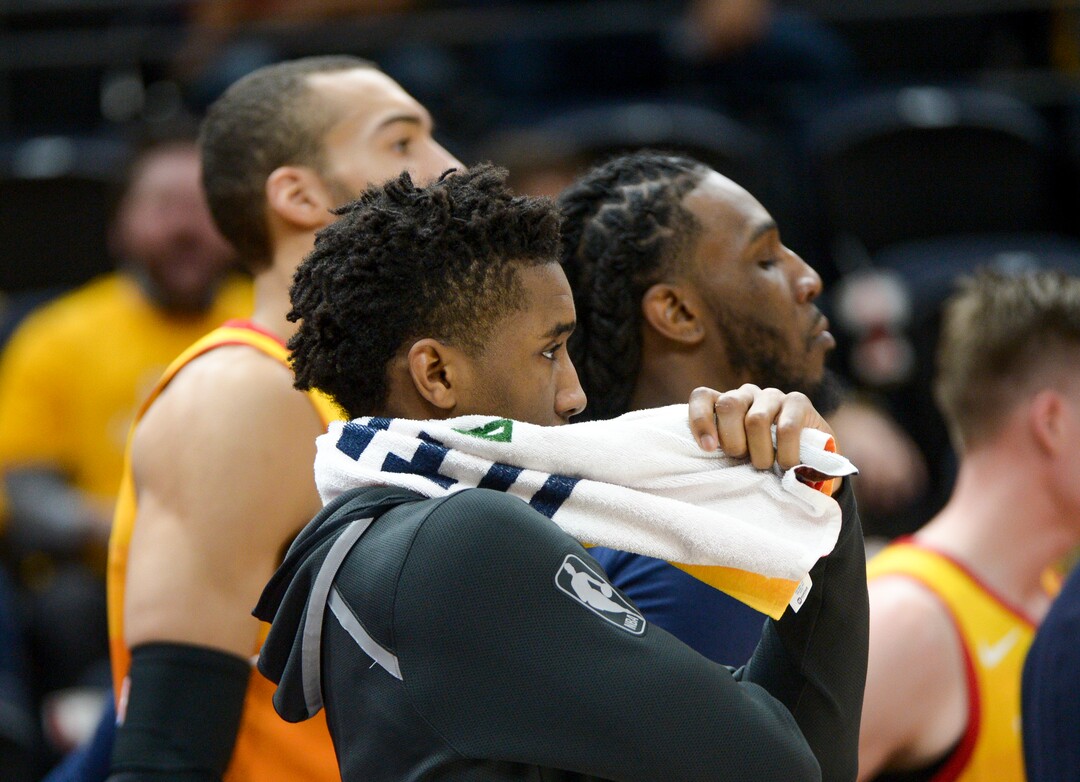 (Leah Hogsten  |  The Salt Lake Tribune)  Utah Jazz guard Donovan Mitchell (45), Utah Jazz forward Jae Crowder (99) and Utah Jazz center Rudy Gobert (27) react to the loss. The Houston Rockets defeated the Utah Jazz 113-92 in Game 3 of an NBA basketball second-round playoff series Friday, May 4, 2018 in Salt Lake City.