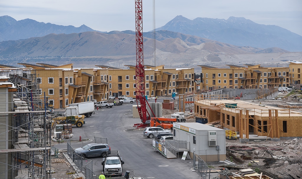 (Francisco Kjolseth  |  The Salt Lake Tribune)  Soleil Lofts, a 600-unit complex at the southwestern edge of Salt Lake County puts it on the front lines low-pollution housing. Thousands of solar panels cover the roofs, delivering most of the community's energy needs and feeding power to batteries housed in each unit that will be tied to the power grid. 