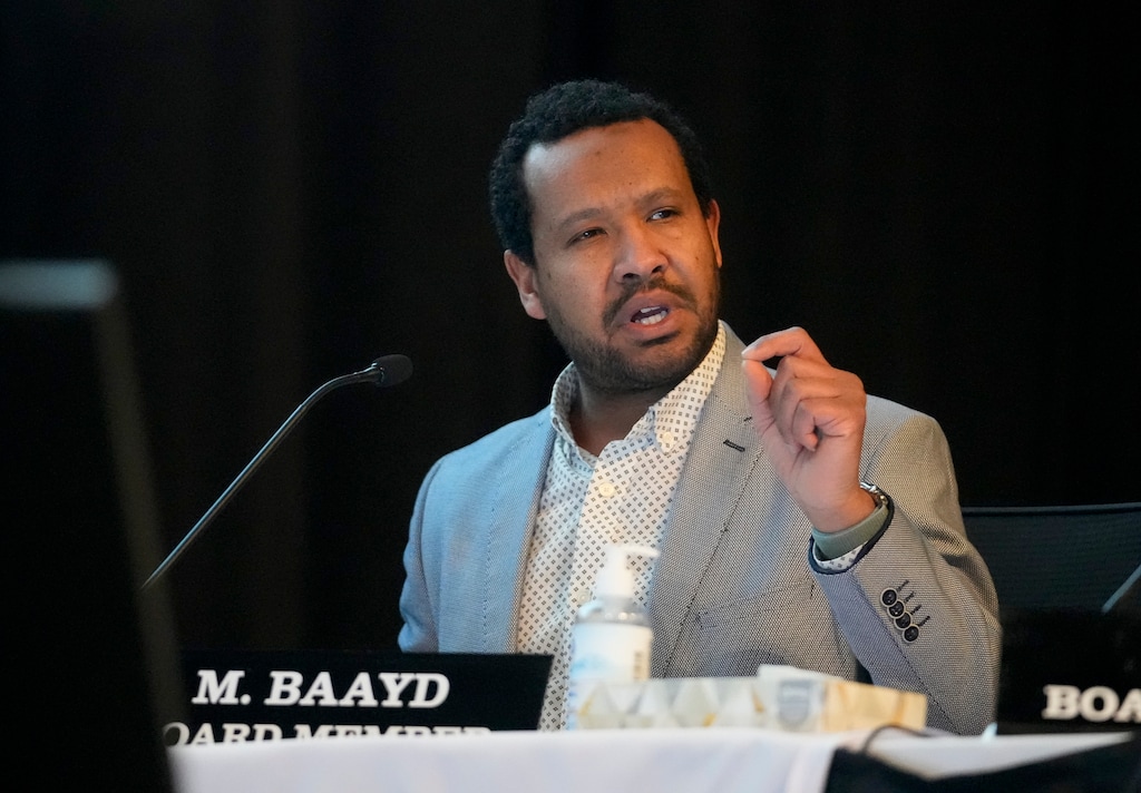 (Bethany Baker  |  The Salt Lake Tribune) Salt Lake City school board member Mohamed Baayd speaks during a school board meeting at West High School in Salt Lake City on Tuesday, Jan. 9, 2024.