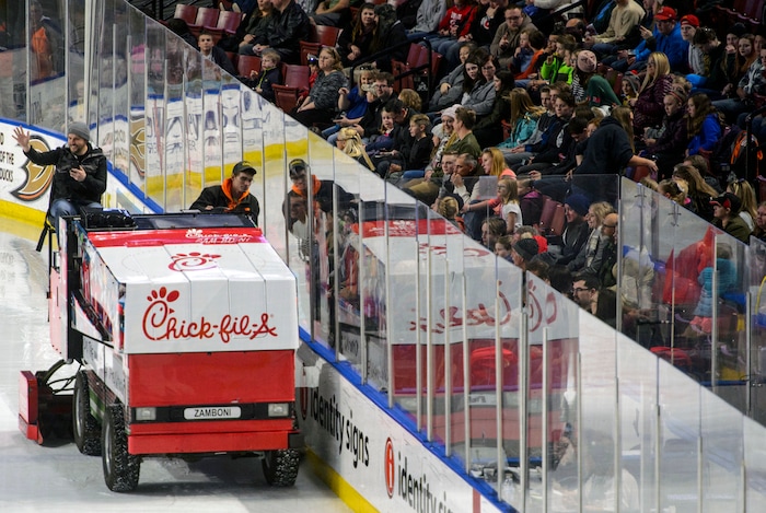 (Steve Griffin  |  The Salt Lake Tribune) The Zamboni resurfaces the ice between periods of the Utah Grizzlies versus Idaho Steelheads game at the Maverik Center in West Valley City Monday Feb. 19, 2018.