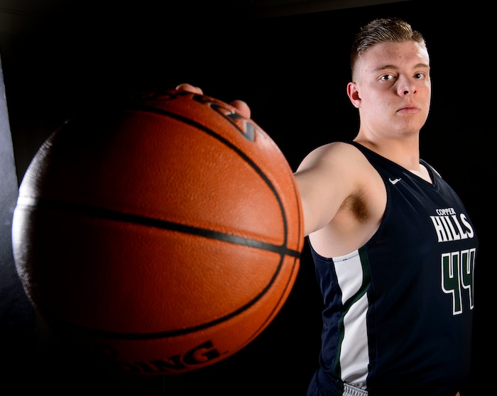 (Steve Griffin  |  The Salt Lake Tribune)  Prep basketball Trevon Allfrey, Copper Hills, in the Salt Lake Tribune studio in Salt Lake City Tuesday April 10, 2018.