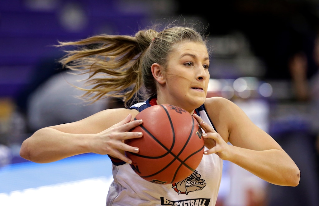 (Elaine Thompson | AP file photo) In this March 17, 2017 photo, Gonzaga's Laura Stockton runs through a drill during a practice at the NCAA college basketball tournament in Seattle. Stockton sounds perfectly happy to ride buses around Germany if it means she gets to play professional basketball. The 23-year-old daughter of retired Utah Jazz great John Stockton spent the past year-plus rehabbing an ACL injury that ended her collegiate career at Gonzaga.