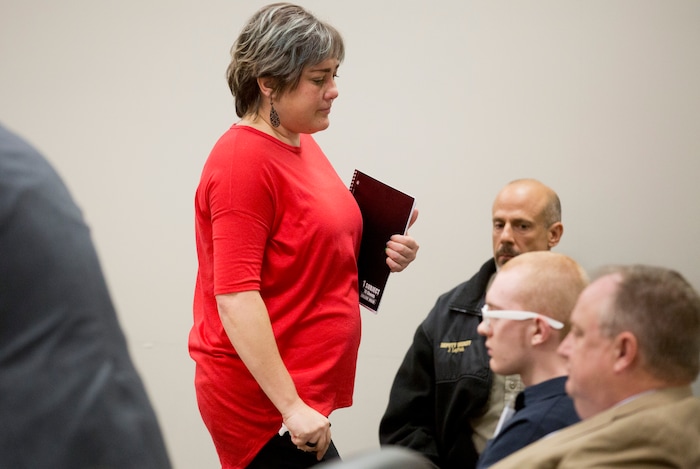 Brittney Johnson, Tyerell Przybycien's mother, walks by her son during his sentencing in the 4th District Court on Friday, Dec. 7, 2018, in Provo.