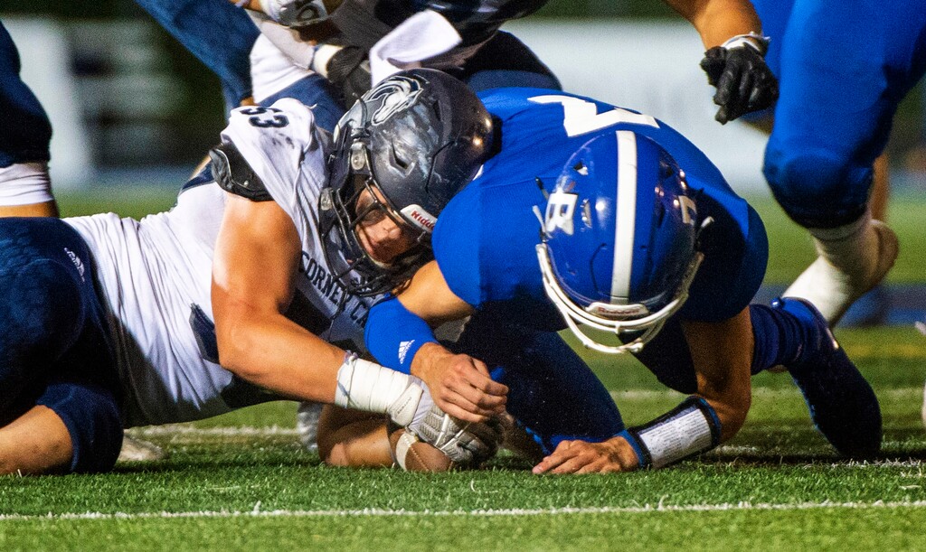 (Rick Egan  |  The Salt Lake Tribune)    James Lebaron, Corner Canyon, goes after the ball along to recover a Bingham fumble along with Bingham quarterback Troy Mehn, in prep action between the Bingham Miners and the Corner Canyon Chargers, at Bingham High on
Friday, Aug. 28, 2020. On Sunday night, it was learned that the upcoming game between Skyline and Brighton, two teams that boast 6-0 records in 5A, has been canceled due to four players on the Eagles testing positive for the coronavirus, a Granite School District spokesperson told The Tribune. Skyline is canceling all team activities until Oct. 2.