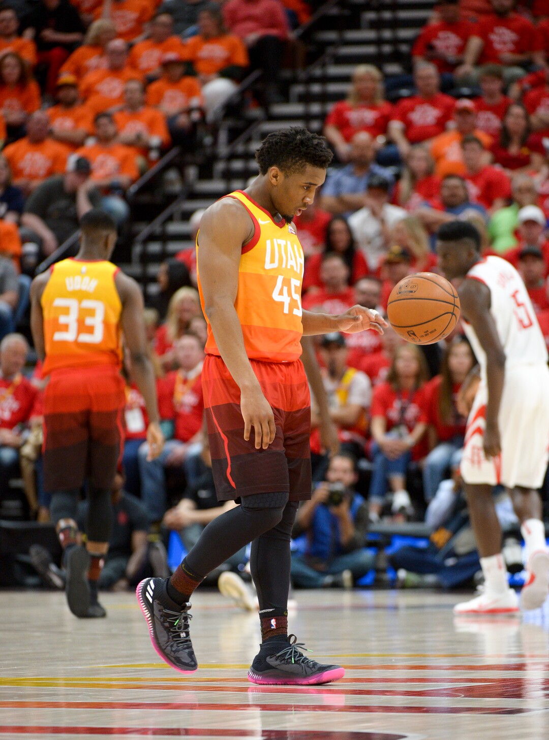 (Leah Hogsten  |  The Salt Lake Tribune)  Utah Jazz guard Donovan Mitchell (45) reacts to second half play. The Houston Rockets defeated the Utah Jazz 113-92 in Game 3 of an NBA basketball second-round playoff series Friday, May 4, 2018 in Salt Lake City.