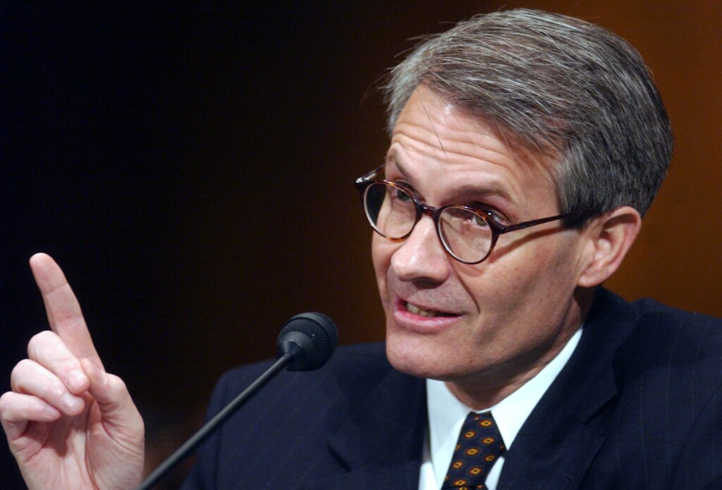 (Steve Ruark | The New York Times) Thomas B. Griffith testifies at his confirmation hearing before the Senate Judiciary Committee in Washington in this March 8, 2005, file photo. Griffith retired from the federal bench in 2020.