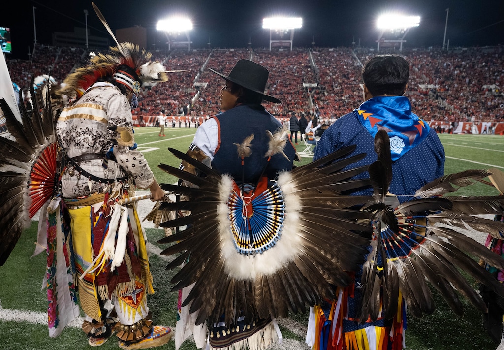 (Francisco Kjolseth | The Salt Lake Tribune) Members of the Ute Indian tribe are honored during the game between the Utah Utes and the TCU Horned Frogs in Salt Lake City on Saturday, Oct. 19, 2024.