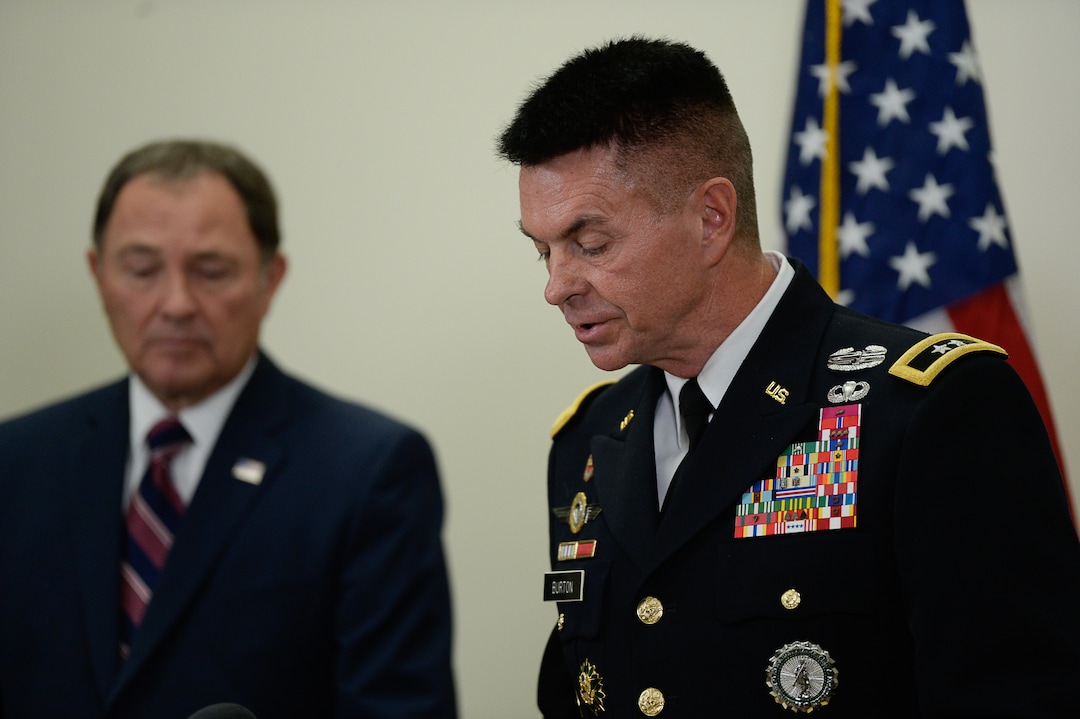 (Francisco Kjolseth  |  The Salt Lake Tribune)  Gov. Gary R. Herbert and Maj. Gen. Jefferson S. Burton address the media on Sunday, Nov. 4, 2018, in Draper, UT, regarding the recent death of North Ogden Mayor Brent Taylor a major in the Utah National Guard, killed in Afghanistan in an apparent insider attack.