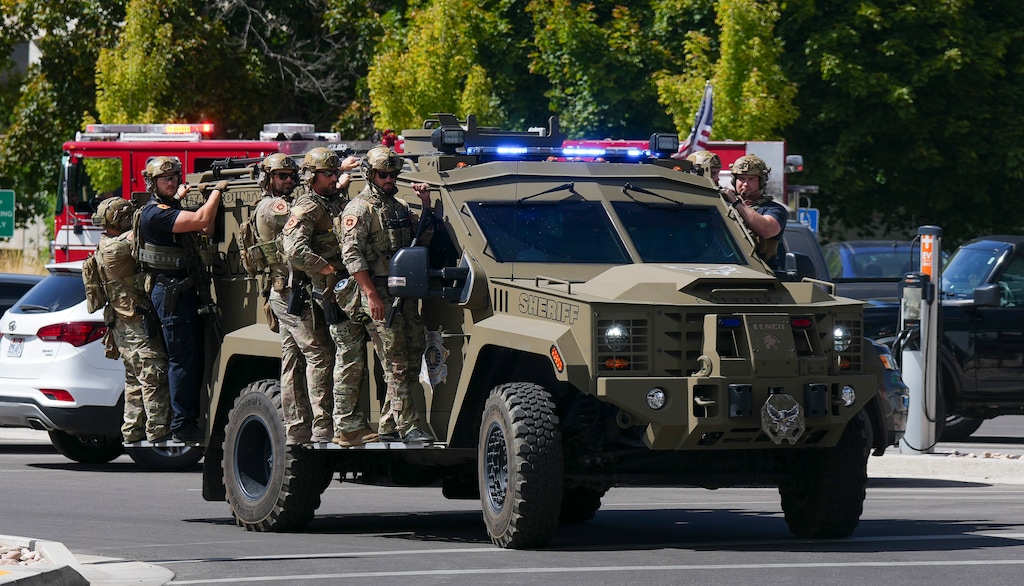 (Bethany Baker | The Salt Lake Tribune) Members of law enforcement canvass Utah Valley University in Orem where conservative commentator Charlie Kirk was shot and killed during an event at campus on Wednesday, Sept. 10, 2025.
