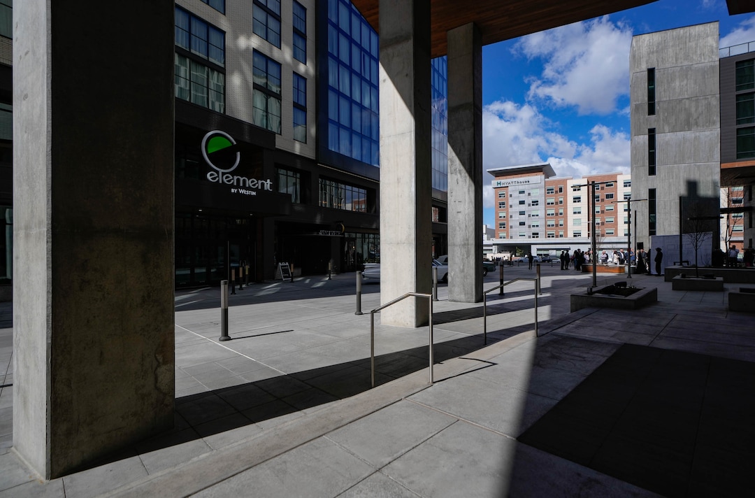 (Francisco Kjolseth | The Salt Lake Tribune) A new residential and hospitality center known West Quarter, located at 100 South and 300 West in Salt Lake City, opened on Wednesday, April 19, 2023. It includes 240 luxury apartments in a tower called The Charles and 272 guest rooms spread over two hotels, Le Meridien and Element, along with several restaurants and soon-to-be opened retail outlets at ground level.