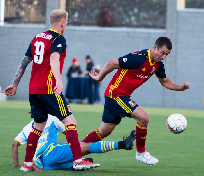 (Rick Egan  |  The Salt Lake Tribune)     Real Monarchs defender Kalen Ryden (52) tries to get the ball past Las Vegas Lights FC forward Isaác Díaz (8), in soccer action between the Real Monarchs and Las Vegas Lights FC at the new Zions Bank Stadium in, Herriman, Monday, April 30, 2018.


