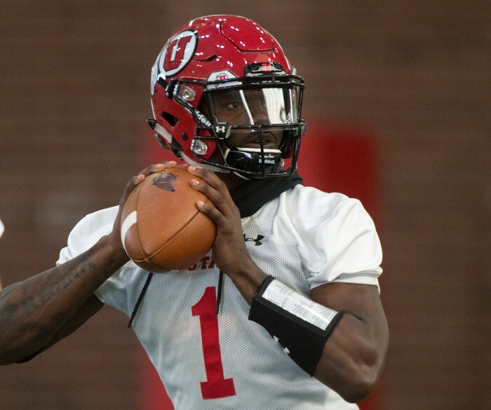 (Rick Egan  |  The Salt Lake Tribune)   Returning starting quarterback Tyler Huntley works out on the first day of Spring practice, Monday, March 5, 2018.


