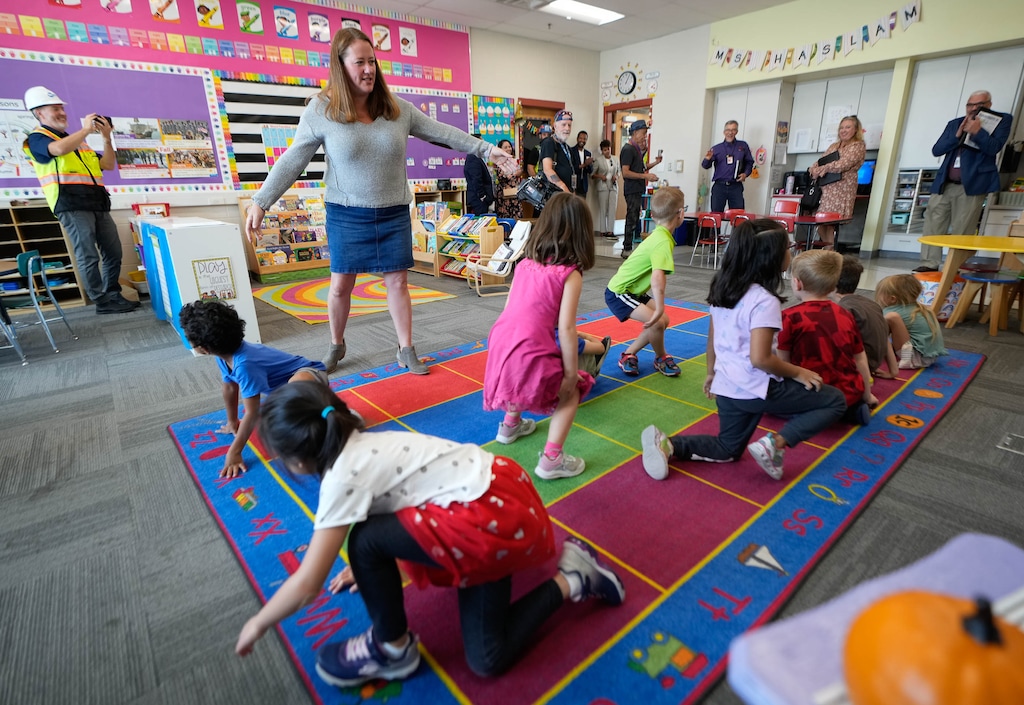 (Francisco Kjolseth | The Salt Lake Tribune) A Whittier Elementary teacher gathers her students for recess after hosting members of the Salt Lake City School District Sustainability in Action group on Oct. 12, 2022. The school district was audited by the state, with the results released on Tuesday, December 12, 2022, saying it needs to operate more efficiently — including shutting down some schools as its population continues to dip.