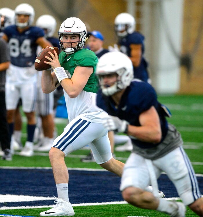 (Steve Griffin  |  The Salt Lake Tribune) BYU quarterback Tanner Mangum throws a pass during spring football practice for BYU in the indoor practice facility in Provo Thursday March 15, 2018.
