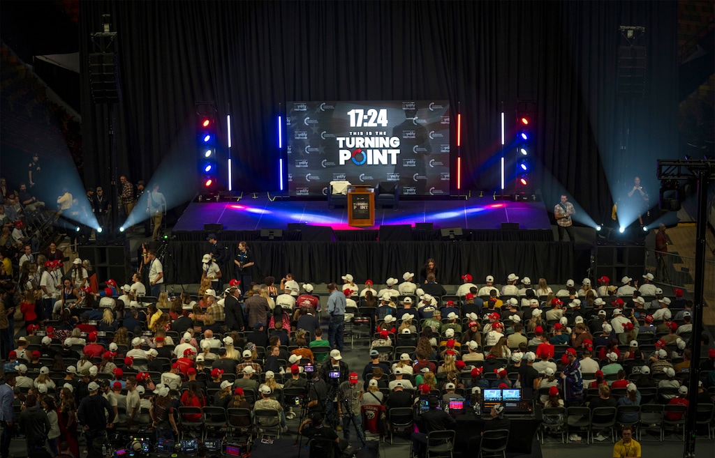 (Rick Egan | The Salt Lake Tribune) The arena at Utah State University before a Turning Point USA event in Logan on Tuesday, Sept. 30, 2025. TPUSA will return to Utah Valley University in Orem with an event on the anniversary of founder Charlie Kirk's September 2025 death.