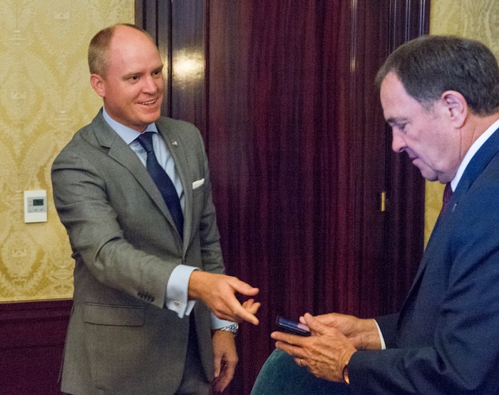 (Rick Egan  |  The Salt Lake Tribune)      Justin Harding, chief of staff for Gov. Herbert, sits in a meeting with Gov. Herbert,  Sen. Stuart Adams and Rep. Brad Wilson, at the governor's office, Tuesday, July 17, 2018.


