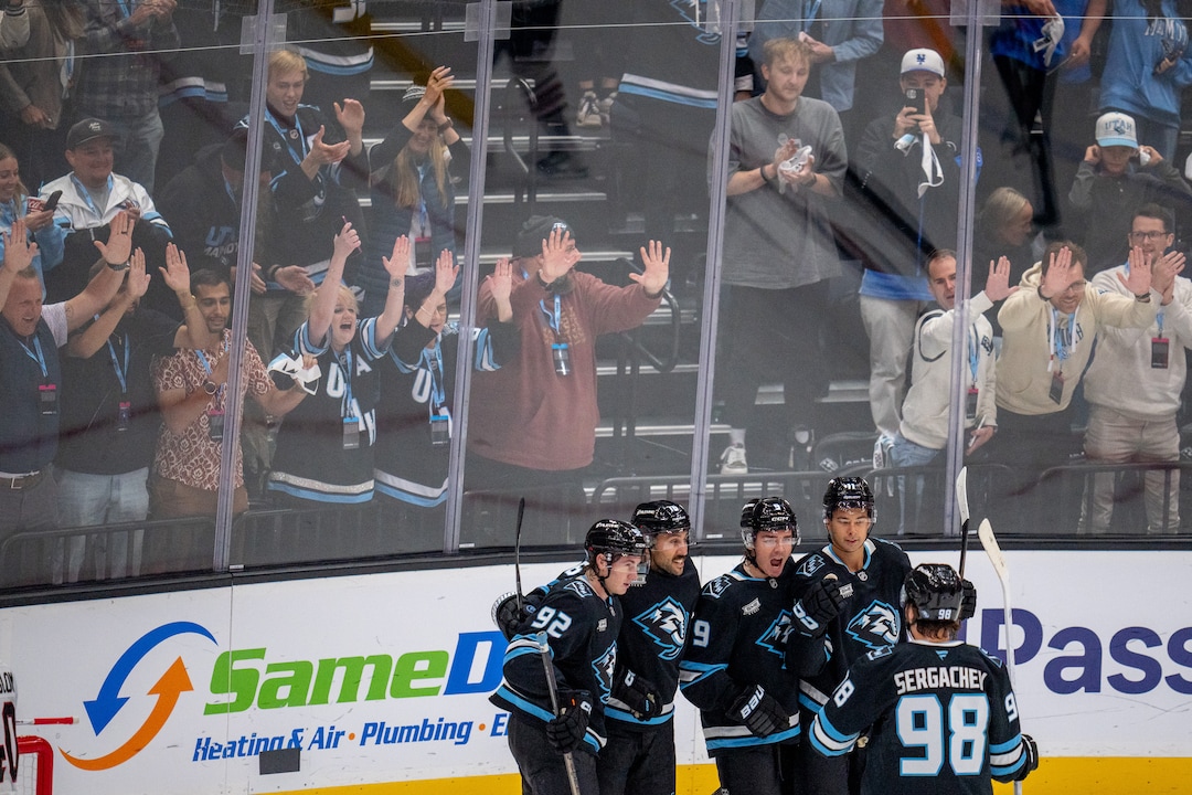 (Trent Nelson  |  The Salt Lake Tribune) Players celebrate a goal as the Utah Mammoth host the Chicago Blackhawks, NHL hockey in Salt Lake City on Thursday, Oct. 1, 2026.