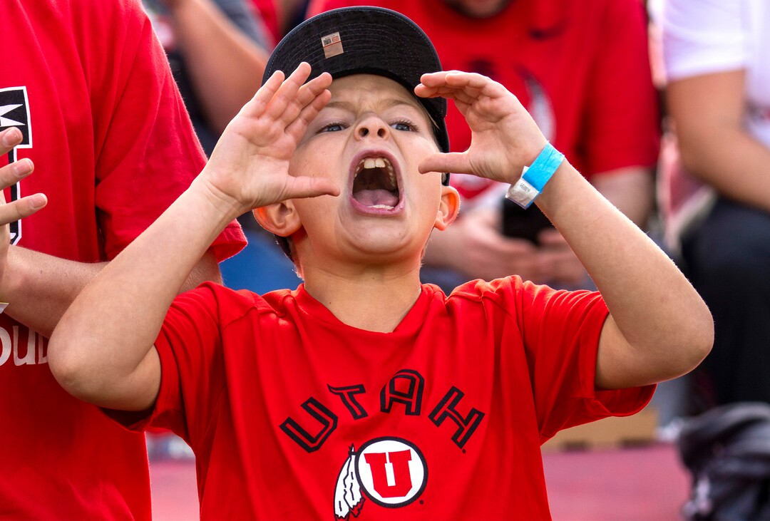 (Rick Egan | The Salt Lake Tribune)   Easton Kammeyer cheers for the Utes, in football action between Utah Utes and Ohio State Buckeyes in the Rose Bowl in Pasadena, on Saturday, January 1, 2022.