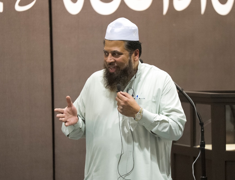 (Bethany Baker  |  The Salt Lake Tribune) Imam Shuaib Din speaks about the recent attack as he stands before people gathered for Ramadan at Utah Islamic Center in West Jordan.
