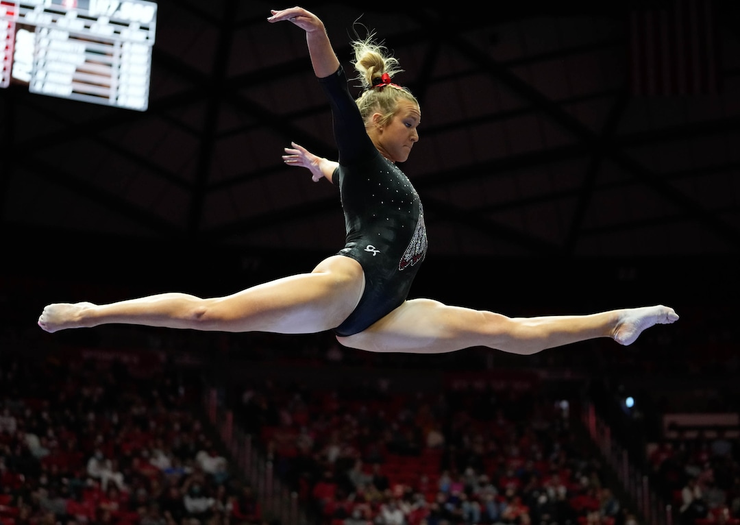 (Francisco Kjolseth | The Salt Lake Tribune) Utah’s Abby Paulson competes on the beam during their gymnastics meet with Stanford at the Huntsman Center in Salt Lake City, Saturday, Jan. 29, 2022.