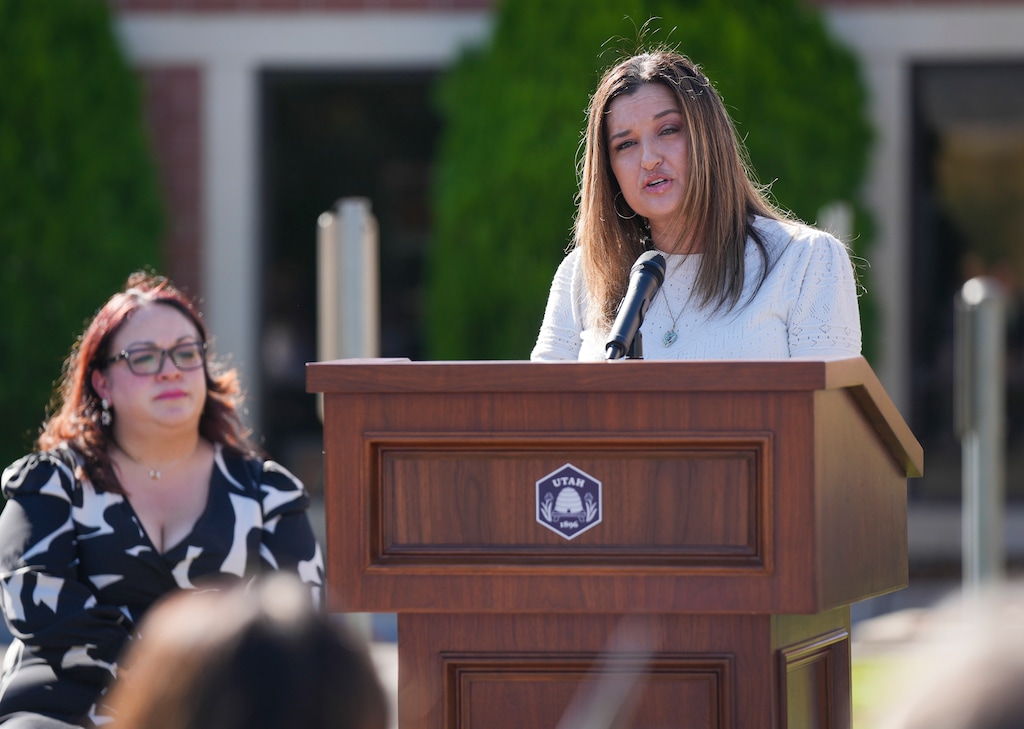 (Bethany Baker | The Salt Lake Tribune) Amy Daeschel, who once struggled with homelessness and now works at Odyssey House, speaks during a ribbon-cutting ceremony for the ARCH Project and the reopening of the Orange Street Community Correctional Center in Salt Lake City on Wednesday, Oct. 7, 2026.