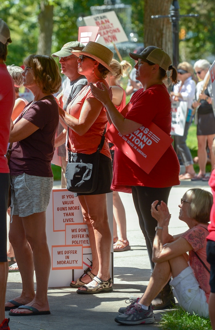 (Leah Hogsten  |  The Salt Lake Tribune) Members of Moms Demand Action for Gun Sense in America gathered at Washington Square Park to demand change in gun laws in reaction to the August mass shootings in Dayton, Ohio and El Paso, Texas, and the hundreds of Americans who are wounded and killed by gun violence every day.