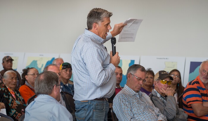 (Leah Hogsten  |  The Salt Lake Tribune)  San Juan County commissioner Phil Lyman opposed the redistricting lines during the meeting in Monticello.  The proposals would redraw voting districts to ensure significant American Indian majorities in two of three County Commission districts and on four of five school board voting districts as the result of a January 2012 lawsuit filed in U.S. District Court by the Navajo Nation. The lawsuit seeks the redrawing of voting districts to reflect the 2010 U.S. Census. Last year, U.S. District Court Judge Robert Shelby ruled the voting districts in the sprawling southeastern Utah county, which today is home to 16,895 residents, are unconstitutional and violate the rights of American Indians. 