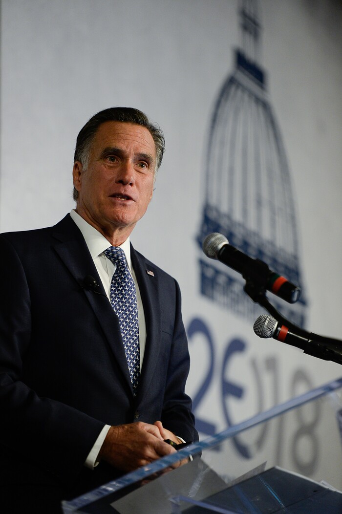 (Francisco Kjolseth  |  The Salt Lake Tribune)  Mitt Romney speaks at the Utah Economic Outlook & Policy Summit 2018, hosted by the Salt Lake Chamber at the Salt Lake City Marriott Downtown at City Creek on Tuesday, Jan. 16, 2018. 