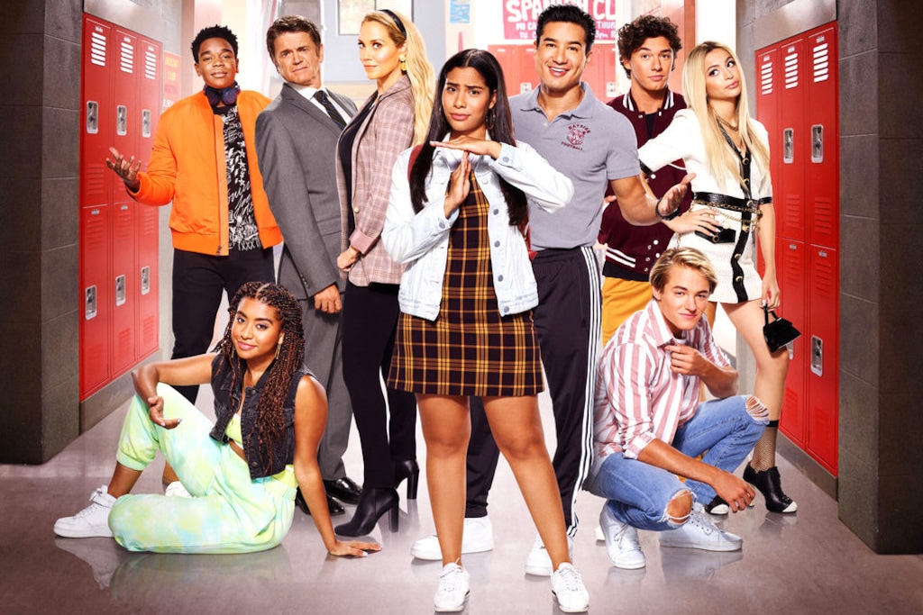 (Photo courtesy of Peacock) Dexter Darden as DeVante, Aisha Alycia Pascual-Pena as Aisha, John Michael Higgins as Principal Toddman, Elizabeth Berkley as Jessie, Haskiri Velazquez as Daisy, Mario Lopez as Slater, Belmont Cameli as Jamie, Mitchell Hoog as Mac and Josie Totah as Lexi in “Saved by the Bell.”