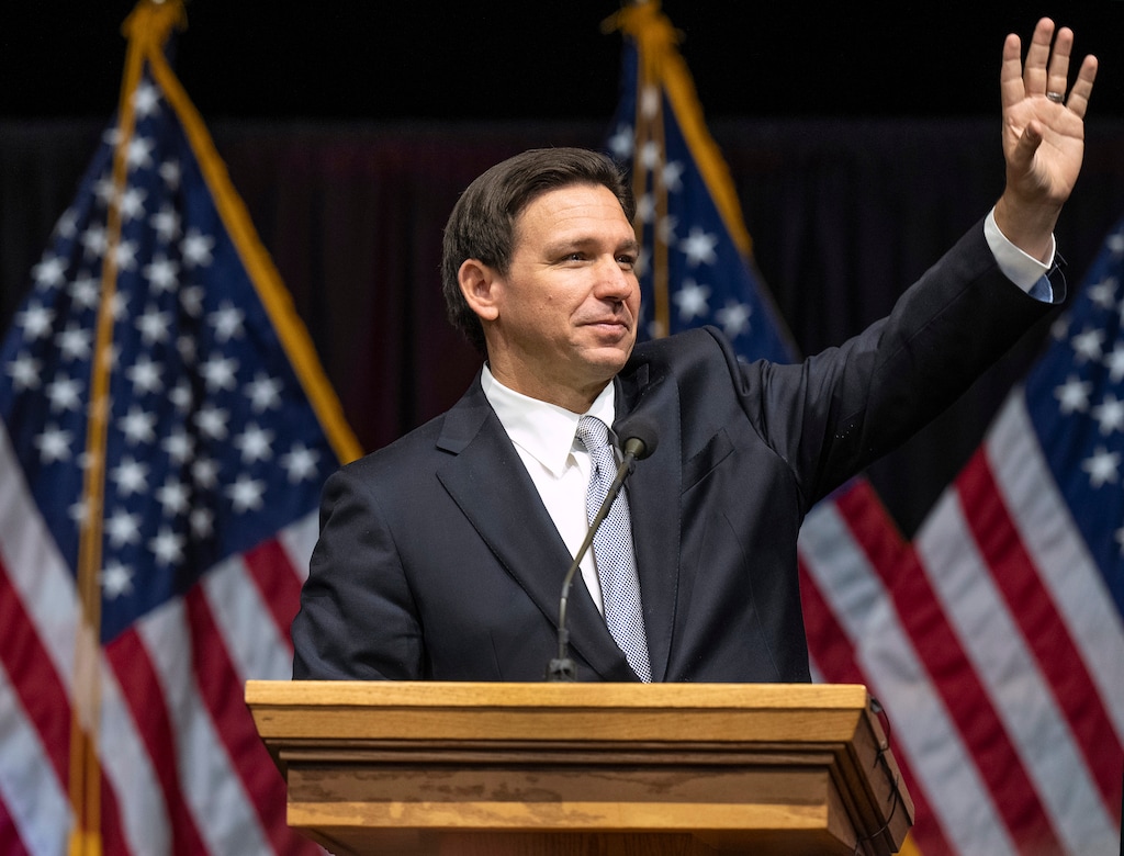 (Leah Hogsten | The Salt Lake Tribune) Florida Gov. Ron DeSantis delivers the keynote address at the Utah Republican Party's 2023 organizing convention at Utah Valley University's UCCU Center on Saturday, April 22, 2023.