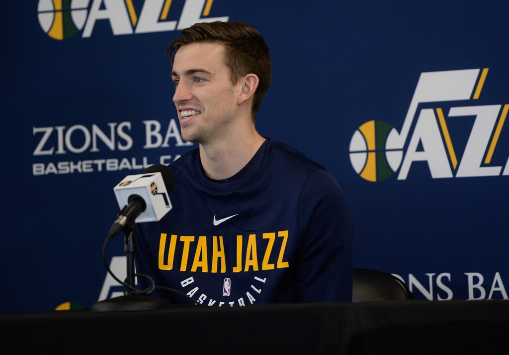 (Francisco Kjolseth | The Salt Lake Tribune) Utah Jazz guard David Stockton speaks with the media during exit interviews at their practice facility in Salt Lake City Wed., May 8, 2018, after losing to the Houston Rockets in game 5 of their Western Conference Finals during the 2018 NBA Playoffs.
