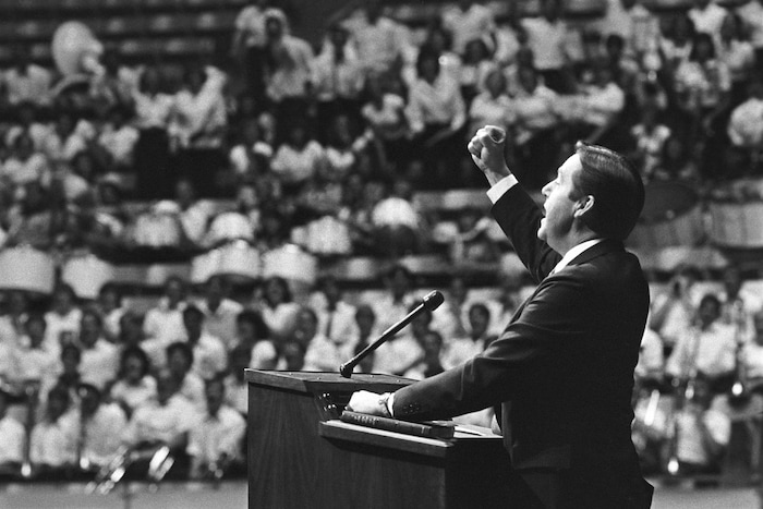 (The Church of Jesus Christ of Latter-day Saints) Jeffrey R. Holland speaks to incoming students while serving as president of Brigham Young University in 1980.