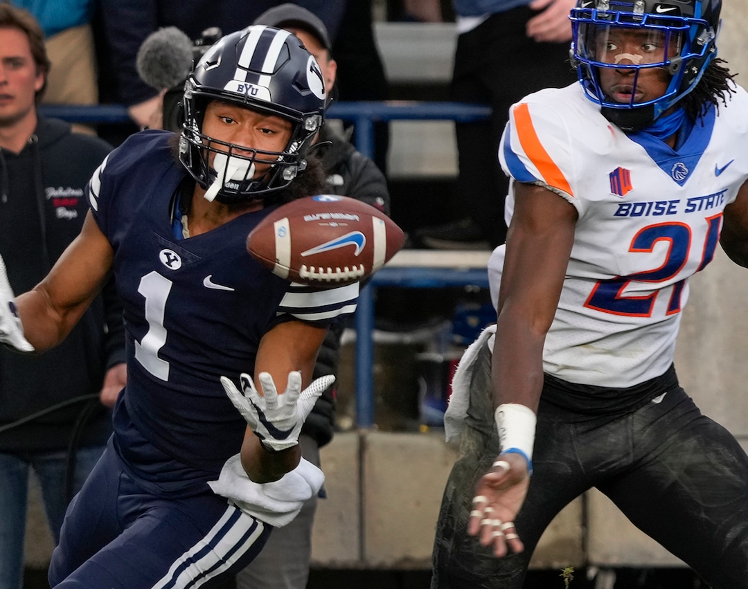(Leah Hogsten | The Salt Lake Tribune) Brigham Young Cougars wide receiver Keanu Hill (1) fails to pull in the pass battling Boise State Broncos safety Tyreque Jones (21) No. 10 Brigham Young University hosts Boise State at LaVell Edwards Stadium, Oct. 9, 2021.