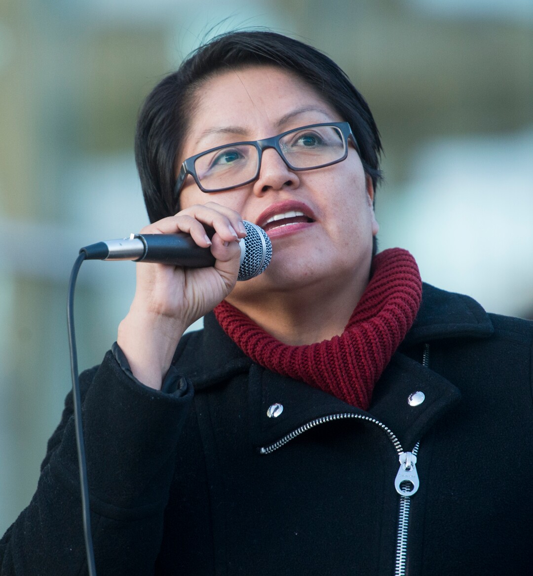 (Rick Egan  |  The Salt Lake Tribune)  Carol Surveyor gives a speech, during the Indigenous Peoples Day celebration, hosted by the Utah League of Native American Voters and PANDOS (Peaceful Advocates for Native Dialogue and Organizing Support) at the Salt Lake City Library, Monday, October 9, 2017.