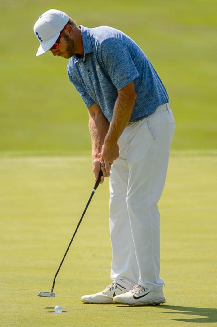 (Trent Nelson | The Salt Lake Tribune)  
Dusty Fielding sinks an easy putt on the 18th hole at the Utah Open golf tournament at Provo's Riverside Country Club, Sunday Aug. 19, 2018.