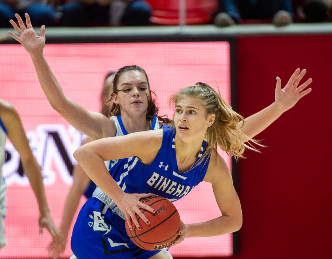 (Rick Egan  |  The Salt Lake Tribune)   Fremont Sliverwolves Averee Porter (23)  guards Bingham Miners Sierra Lichtie (20) in the 6A championship game, between the Fremont Sliverwolves and the Bingham Miners, at the Jon M. Huntsman Center, Saturday Feb. 29, 2020
