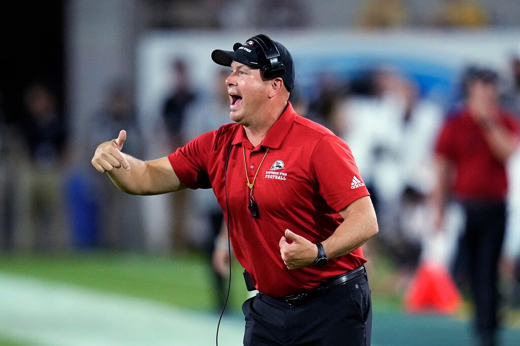 (Ross D. Franklin | AP) Southern Utah coach DeLane Fitzgerald shouts instructions to players during the first half of an NCAA college football game against Arizona State on Thursday, Aug. 31, 2023, in Tempe, Ariz.