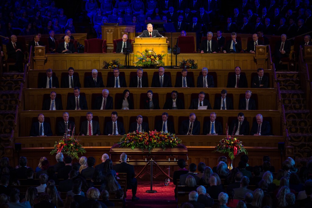(Trent Nelson  |  The Salt Lake Tribune) Apostle Jeffrey R. Holland speaks at the funeral for M. Russell Ballard, longtime Latter-day Saint apostle, at the Tabernacle in Salt Lake City on Friday, Nov. 17, 2023.