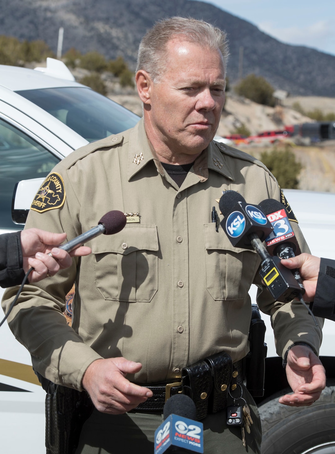 (Rick Egan  |  The Salt Lake Tribune)   Juab County Sheriff Doug Anderson talks about the operation to recover the bodies that were found in an abandoned mine in Utah’s west desert near Eureka. Police believe the bodies are those of two teenagers who have been missing for nearly three months.
Wednesday, March 28, 2018.