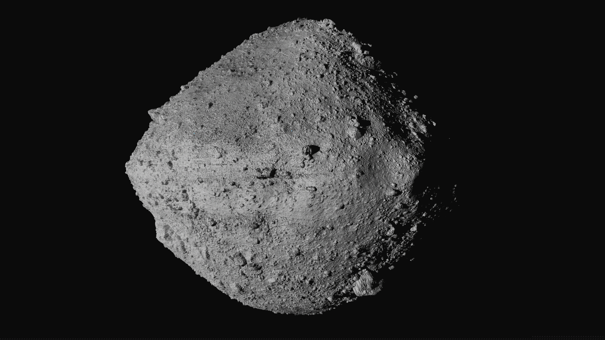 (NASA/Goddard/University of Arizona/CSA/York/MDA via AP) This undated image made available by NASA shows the asteroid Bennu from the OSIRIS-REx spacecraft. After almost two years circling the ancient asteroid, OSIRIS-REx will attempt to descend to the treacherous, boulder-packed surface and snatch a handful of rubble on Tuesday, Oct. 20, 2020.