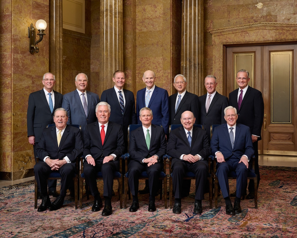 (The Church of Jesus Christ of Latter-day Saints) The Quorum of the Twelve Apostles in February 2024. Front row, left to right: acting President Jeffrey R. Holland, Elder Dieter F. Uchtdorf, Elder David A. Bednar, Elder Quentin L. Cook, and Elder D. Todd Christofferson. Back row, left to right: Elder Neil L. Andersen, Elder Ronald A. Rasband, Elder Gary E. Stevenson, Elder Dale G. Renlund, Elder Gerrit W. Gong, Elder Ulisses Soares and Elder Patrick Kearon.