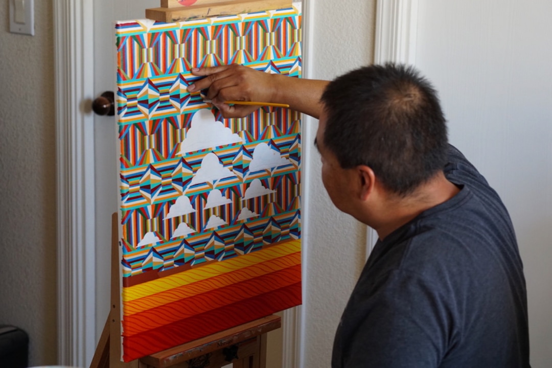 (Zak Podmore | The Salt Lake Tribune) Diné (Navajo) painter Gilmore Scott works on his painting "Fall Monsoon Dazzler" his home near Montezuma Creek in September, 2019.