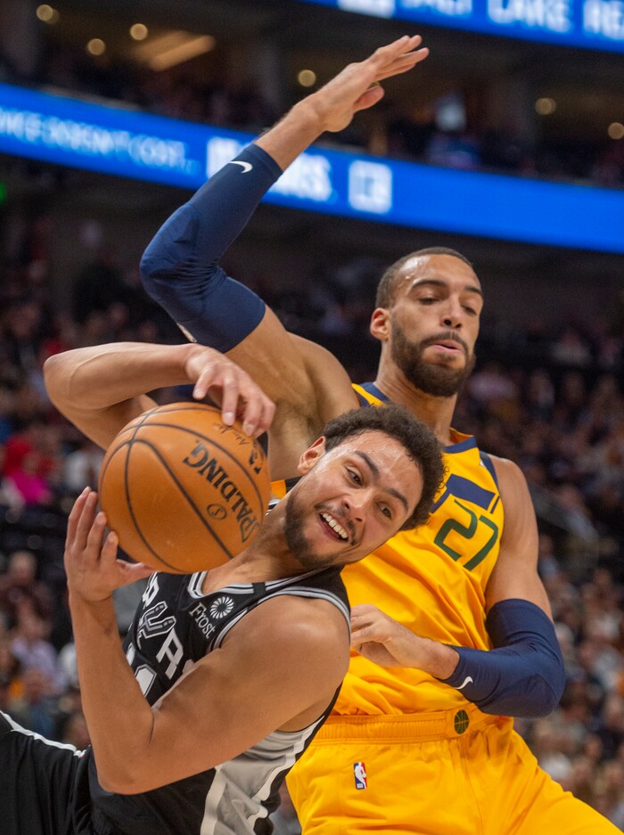 (Rick Egan  |  The Salt Lake Tribune)    
San Antonio Spurs forward LaMarcus Aldridge (12) grabs a rebound from Utah Jazz center Rudy Gobert (27), in NBA action between the Utah Jazz and the San Antonio Spurs, in Salt Lake City, Friday, Feb. 21, 2020.