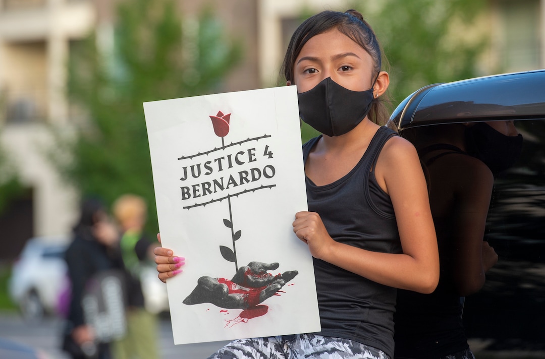 (Rick Egan  |  The Salt Lake Tribune)    Adriana Palacios join protesters during a Justice for Bernardo protest on Wednesday, June 24, 2020.