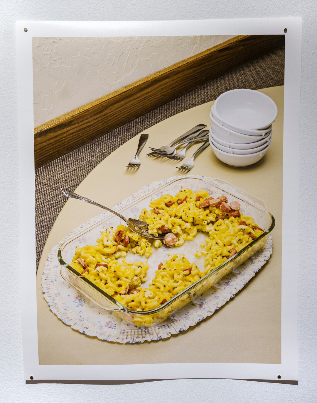 (Leah Hogsten | The Salt Lake Tribune) Doctrine #9 (Mac and Franks) Archival Pigment Print, 2021, from "Marrow" a photo exhibit by Daniel George at The Utah Museum of Contemporary Art, Sept. 3 2021. George examines the culinary and cultural heritage of members of The Church of Jesus Christ of Latter-day Saints. George recreated and photographed dishes from Ward Cookbooks, including Funeral Potatoes, Casseroles, Jello creations, turning food into folk art.