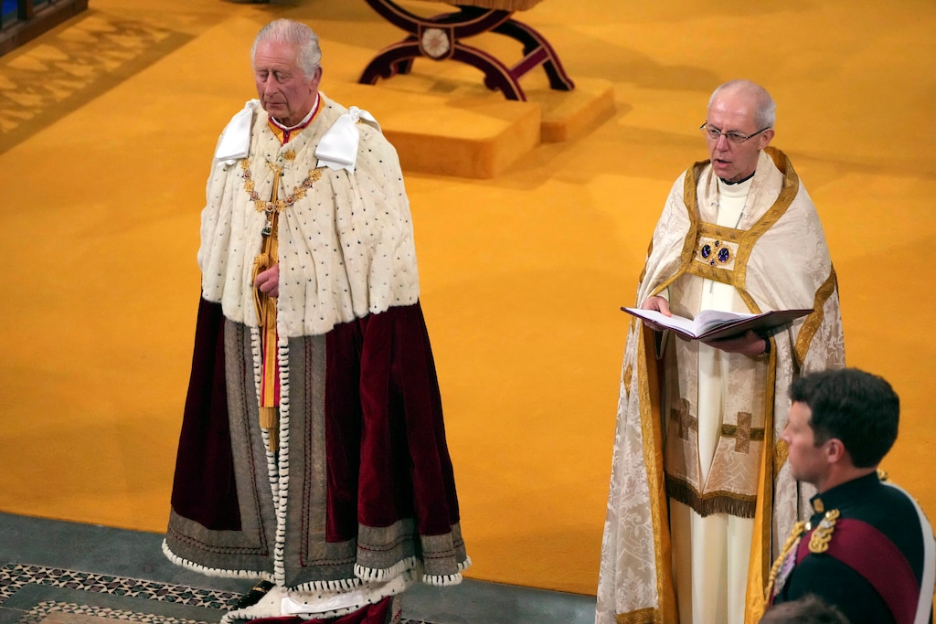(Aaron Chown | Pool Photo via AP) Britain's King Charles III, left, stands next to Archbishop of Canterbury Justin Welby during his coronation ceremony in Westminster Abbey in London on Saturday, May 6, 2023.