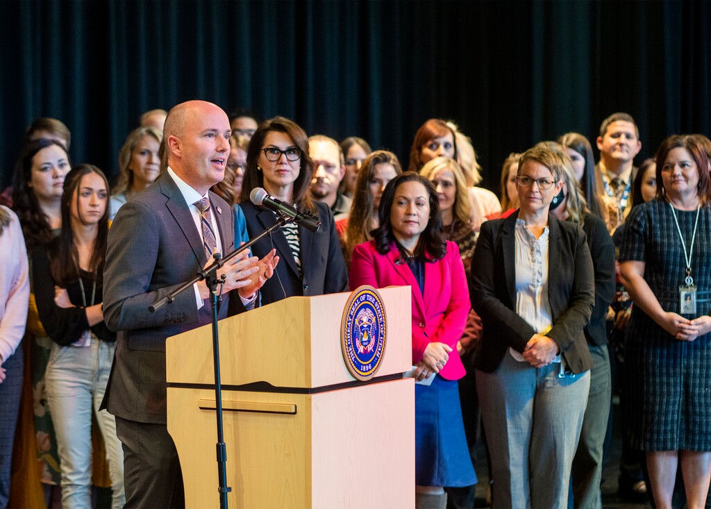 (Rick Egan | The Salt Lake Tribune) Utah Gov. Spencer Cox talks about a salary hike for teachers, at Centennial Jr High School in Kaysville, on Thursday, Dec. 8, 2022.